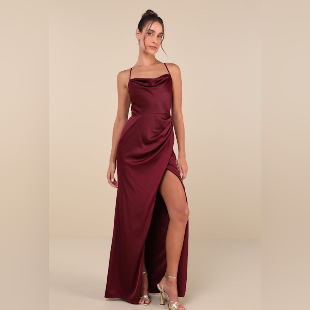 Moments of Beauty Plum Purple Burgundy Satin Cowl Neck Tulip Maxi Dress XS 0